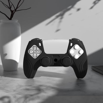 eXtremeRate PlayVital Samurai Edition Black Anti-Slip Controller Silicone Skin for ps5, Ergonomic Soft Rubber Protective Case for ps5 Controller with Black Thumb Stick Caps - color: Black
