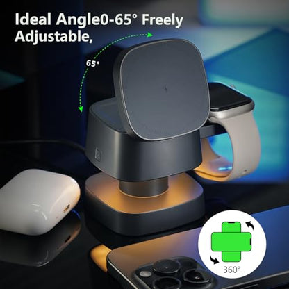 3 in 1 Charging Station with Night Light, 4 in 1 Wireless Charger for Apple | 15W MagSafe magnetic stand for iPhone 17/16/15/14/13/12, Apple Watch & AirPods. Foldable travel wireless charge (Gray) - color: Gray