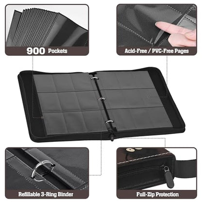 9-Pocket Trading Card Binder & Sports Card Book, 3-Ring Zipper Album Holds 900 Cards with 50 Removable Pages, Fits Standard 2.5" x 3.5" Game & TCG Cards, Water-Resistant PU Cover | 3-Ring Zipper Album, Holds 900 Cards, 50 Removable Pages, Fits 2.5" x 3.5"