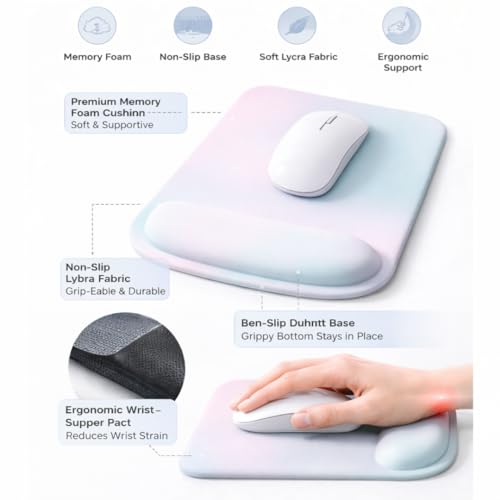 Ergonomic Memory Foam Mouse Pad with Wrist Support, Orange, Ultra-Smooth Surface, Anti-Slip Base (Mint Pastel, Medium) - color: Mint Pastel