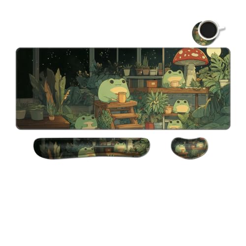 Desk Mat, Large Gaming Mouse Pad with Wrist Rest, 4 in1 XXL Mouse pad+Keyboard Wrist Rest+Mouse Pad Wrist Support+Cup Coaster Set, Ergonomic Desk Pad for Home Office,Cute Frog