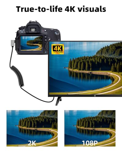 GELRHONR 4K Micro to HDTV Coiled Cable, 18Gbps 4K@60Hz Micro Male to Male HDTV2.0 Spiral Cord,for Cameras, Video Capture Cards (Left Angle) - style: Left Angle
