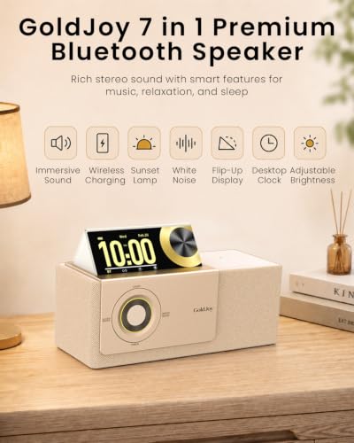 GoldJoy 7 in 1 Bluetooth Speaker Wireless Charging Station for Home Gift | Sound with Punchy Bass, Sunset Lamp & White Noise for Sleep, Smart Flip-Up LCD Display, Clock Syncs Phone's Time and Date - color: Beige