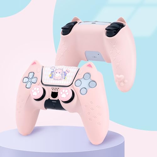 GeekShare Cute Cat Paw Protective Skin Set for ps5 Controller, Anti-Slip Silicone Cover Case Compatible with ps5 Wireless Controller Includes 2 Thumb Grip Caps and 1 Sticker - Pink - color: Pink