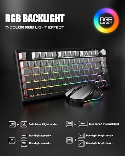RedThunder K75 Wireless Membrane Keyboard & Mouse Combo,75% Side-Engraved Keycaps,Optical Gaming Mouse with 4800DPI,3 Modes(BT/2.4G/Wired),Dual System,RGB Backlit,Rechargeable Battery,Gradient Gray - color: Gray Gradient