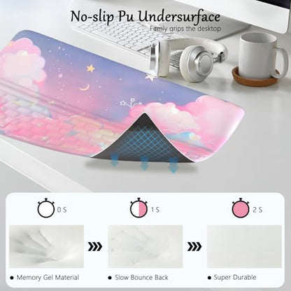 Computer Keyboard Stand Pad with Wrist Rest Pink Cloud Keyboard Pad Support with Comfortable Moon Galaxy Stars Wrist Pad Cute Girl Ergonomic Tilted Keyboard Riser Holder for Desktop Office Home - color: Silk Pink Cloud