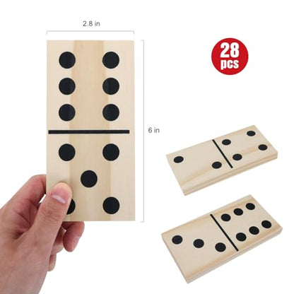 GOTHINK Giant Wooden Dominos Set for Adults and Kids,28pcs Jumbo Natural Wood Black-Dot Dominoes Tiles for Birthday/Holiday Family Party Games,Outdoor Camping Lawn and Backyard Activities 2-4 Players - style: Black Dot