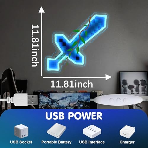 Sword Neon Sign Game Neon Sign for Wall Art Decor, USB Gaming LED Lights for Bedroom Man Cave Kids Room Party Dedcoration, Gifts for Boys Game Lovers
