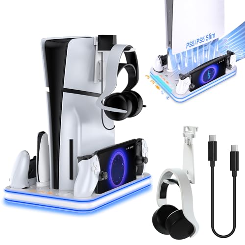 Sehawei PS5/PS5 Slim Stand and Cooling Station with RGB Lighting and 3 Level Cooling Fan,Charging Dock for PS5 Edge Controller and PS Portal,Remote Control and Headset holders,PS5/PS5 Slim Accessories
