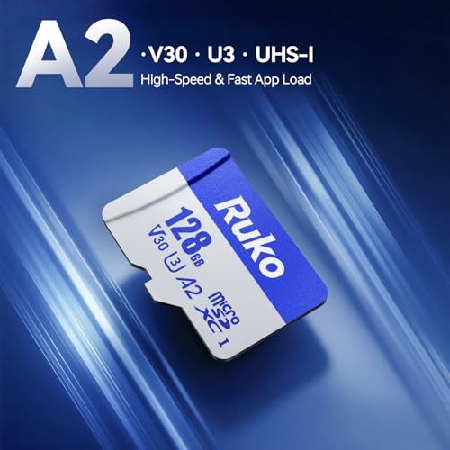 Ruko 128G Micro SD Card with Reader & Adapter, UHS-I, C10, A2, U3/V30, | Memory Card Speed Up to 100MB/s, 4K UHD, Long-Lasting TF Card for Camera, Smartphone, Drone, Gaming Console