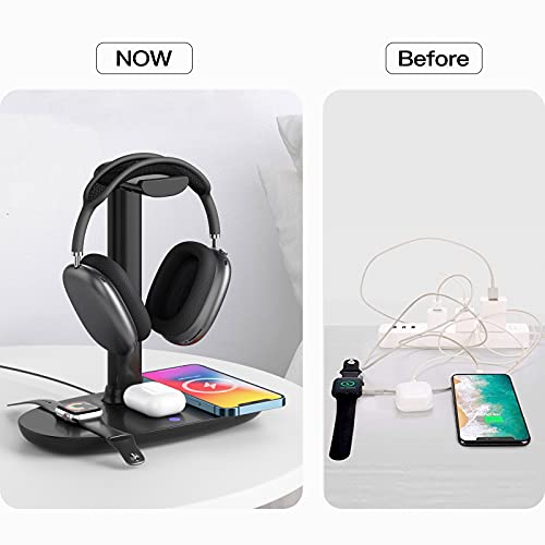 Headphone Stand with 15w Wireless Charger, Suguder 4 in 1 Charging Station Headset Holder for AirPods Max/Pro/4/3/2 iWatch 10/9/8/7/6/5/4/3/2/1/SE iPhone 17/16/15/14/13/12/11/X for Desktop Table Game - color: Black