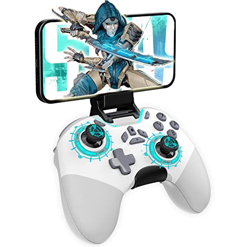 Hall Effect Bluetooth Controller for Switch/PC/iPhone/Android/Apple Arcade MFi Games/Mac/TV/Steam, Pro Wireless Game Controller with Phone Clip with Lock Speed/6-Axis Gyro/Dual Motors/Turbo/Switch Key - color: White