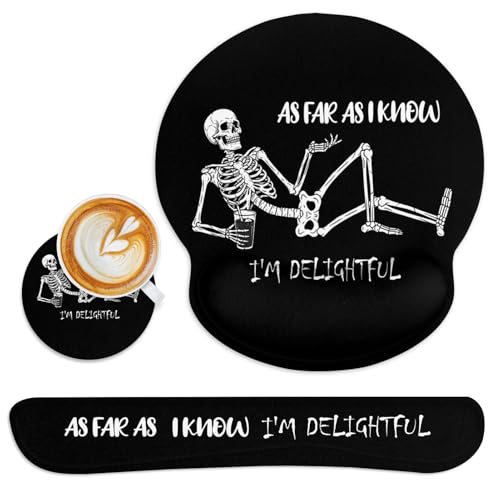 Ergonomic Mouse Pad Set with Wrist Rest, Black Skull Skeleton | Non-Slip Rubber Base Wrist Cushion Support and Coasters Mousepad with Wrist Support for Computer Keyboard - color: Skull Skeleton Black