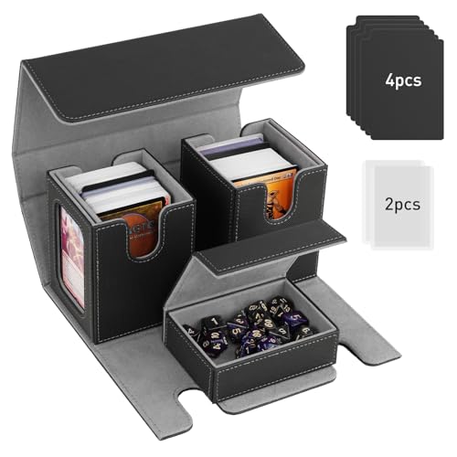 TiMOVO MTG Deck Box, Magnetic Trading Card Storage Case, Black+Gray | Holds 400+ Sleeveless Cards, 4 Dividers & Dice Tray, 2 Detachable Commander Card Deck Boxes, For Magic Game Cards - color: Black & Gray
