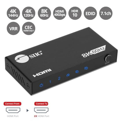 SIIG 1x2 HDMI 2.1 Splitter, 8K60Hz, VRR, ALLM, EDID, CE-H27N11-S1 | Send one HDMI 2.1 source to two 8K60Hz displays; VRR, ALLM and EDID support gaming and high-refresh AV systems.