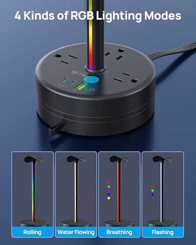 TROND Headphone Stand with PD 20W USB C Charger, RGB Gaming Headset Holder with 3 AC Outlets Extension, 5ft Retractable Power Strip Suitable for Gamer Desktop Table Game Earphone Accessories Gift
