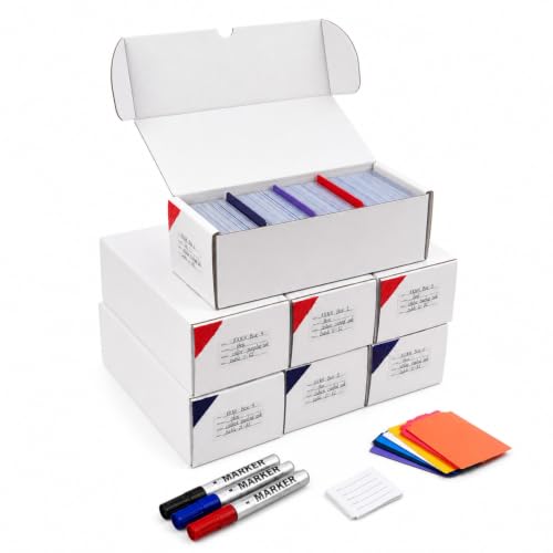 Card Storage Box, 6 Packs 3600 Count Corrugated Cardboard Storage Box for Sport Cards, Collectible Gaming & Trading Cards, Card Collector Boxes with 3 Markers, 6 PCS Multicolor Dividers and Labels - size: Sleeved-Size