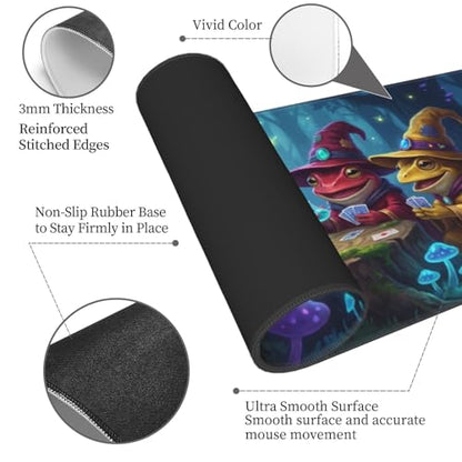 Frog Wizard Gaming Mouse Pad, Large Extended Desk Mat (31.5x11.8 in), Fantasy Mushroom Forest Design, Non-Slip Rubber Base & Stitched Edges for Office, Gamer & Work - color: 23