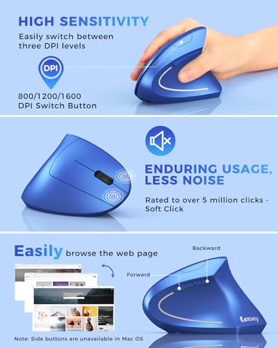Lekvey Ergonomic Mouse, Vertical Wireless Mouse Rechargeable 2.4G USB Optical Carpal Tunnel Mice : 3 DPI 800/1200/1600 Levels 6 Buttons, for Laptop, PC, Mac, Computer, Desktop, Notebook etc, Blue - color: Blue