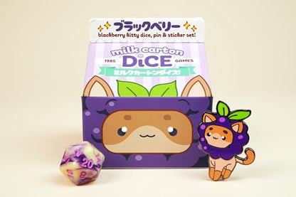 1985 Games BlackBerry Kawaii Cat Dice Set – Milk Carton-Inspired Dice for DND | TTRPGs & Tabletop Roleplaying - color: Blackberry