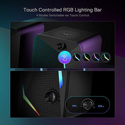 Redragon GS510 RGB Desktop Speakers, 2.0 Channel PC Computer Speaker with 4 Colorful LED Backlight Modes, Enhanced Bass and Easy-Access Volume Control, USB Powered w/ 3.5mm Cable - color: Black