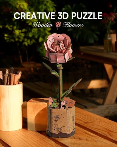 3D Flower Wooden Puzzles for Adults-Pink Rose, DIY Wooden Flowers Model Kit Building Set Crafts Birthday Gifts, Artificial Botanical Collection Creative Gift Ideas/Housewarming (104PCS) - style: TW - Pink Rose