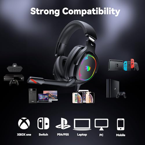 Jimonyer Gaming Headset with Microphone, 7.1 Surround Sound and Noise Canceling Over Ear Headphones for PC/PS4/PS5/Xbox Series/Switch, RGB Light and Soft Imitation Protein Earmuffs(Black) - color: Black