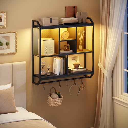 HOOBRO Gaming Floating Shelves with LED Lights, 28.7" LED Wall Mounted Shelf, 3-Tier Display Rack for Wall Storage, Floating Rack with Hanging Rod and 6 S-Hooks, for Gaming Room, Black BB70DBJ01 - color: Black