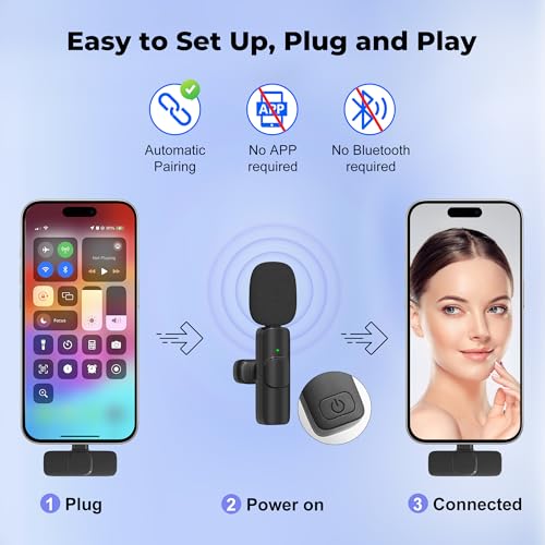 Wireless Microphone for iPhone, Android Wide Compatibility Noise Reduction Clear Sound Lavalier Microphone for Podcast, Video Recording, Live Streaming, YouTube, Tiktok, Vlog, 2 Pack