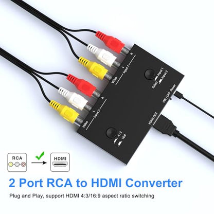 2 Port RCA/AV to HDMI Converter Adapter Support 16:9/4:3 for WII/N64/PS1/PS2/PS3/VHS/VCR/DVD Players etc(2 AV in 1 HDMI Out) - style: 2Port AV to HDMI Converter