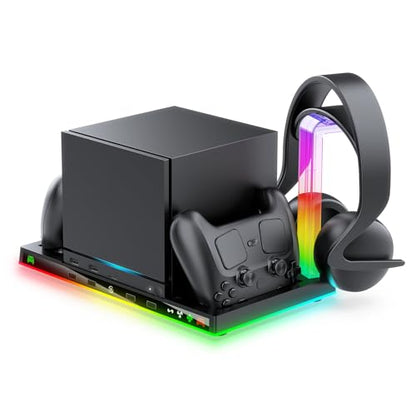 Stand and Cooling Station with RGB Lighting,Controller Charging Station Compatible with Steam Machine, Headset Holders