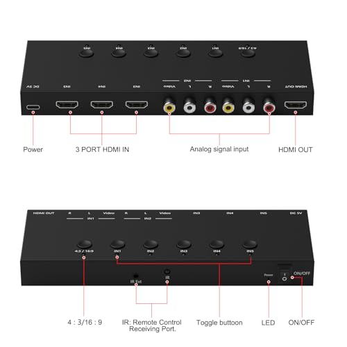 5In to 1Out HDMI/AV Switch (2 AV Input+3 HDMI 2.0 Inputs) RCA to HDMI Converter for PS1/2/3/4/5, N64, SNES, Switch, DVD, Roku etc. - style: 3HDMI+2AV to HDMI Converter
