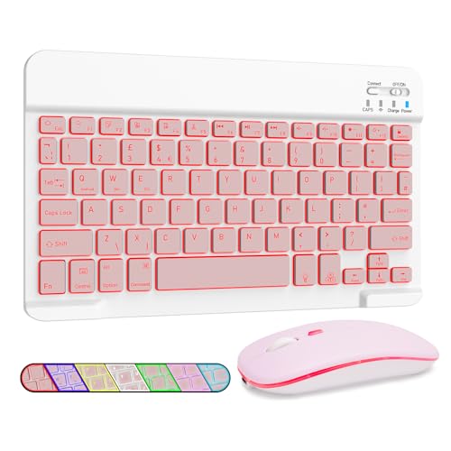 LAMA 7 Colors Backlit Bluetooth Keyboard and Mouse Combo for iPad Pro/Air/Mini, Ultra-Slim Rechargeable Wireless Keyboard and Mouse for iPhone 15/14/13 Pro/Samsung/PC/Laptop/iOS/Windows/Android,PK - color: Pink