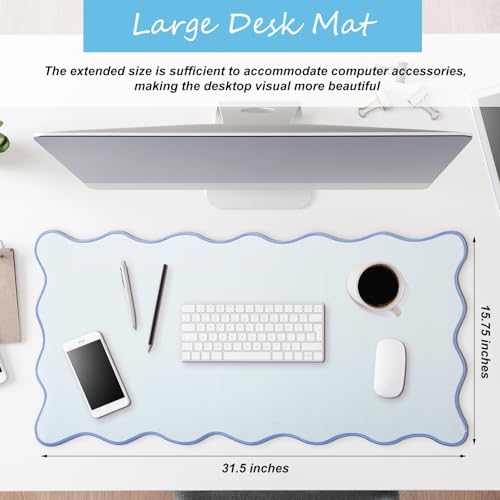 Hahafelt Scalloped Desk Mat Large Desk Pad Cute Coquette Table Mat Back to School Preppy Table Make up Pad Nonslip Graduation Gift with Stitching Waterproof Gaming(Blue,31.5 x 15.8 Inches) - color: Blue, size: 31.5 x 15.8 Inches