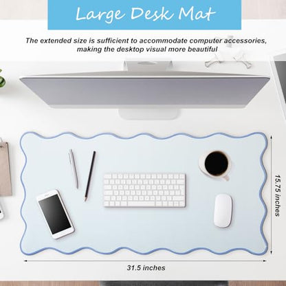 Hahafelt Scalloped Desk Mat Large Desk Pad Cute Coquette Table Mat Back to School Preppy Table Make up Pad Nonslip Graduation Gift with Stitching Waterproof Gaming(Blue,31.5 x 15.8 Inches) - color: Blue, size: 31.5 x 15.8 Inches