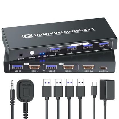 HDMI KVM Switch 1 Monitor 2 Computers, 8K60Hz 4K120Hz USB 3.0 2 Port HDMI KVM Switch for 2 PC Management Via 1 Set of Keyboard Mouse and 1 Monitor