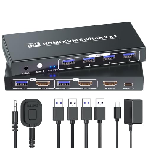 HDMI KVM Switch 1 Monitor 2 Computers, 8K60Hz 4K120Hz USB 3.0 2 Port HDMI KVM Switch for 2 PC Management Via 1 Set of Keyboard Mouse and 1 Monitor
