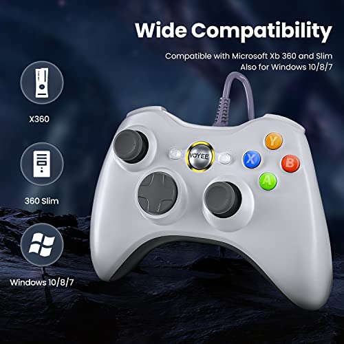 VOYEE PC Controller, Wired Controller Compatible with Microsoft Xbox 360 & Slim/PC Windows 10/8/7, with Upgraded Joystick, Double Shock | Enhanced (White) - color: White