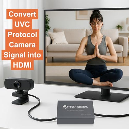 J-Tech Digital UVC to HDMI Converter Adapter 4K 30Hz, USB Camera to HDMI Output with On-Screen Controls, Live Streaming Support, Camera Charging, Works with UVC Webcams Capture Cards [JTECH-UHC-4K30]