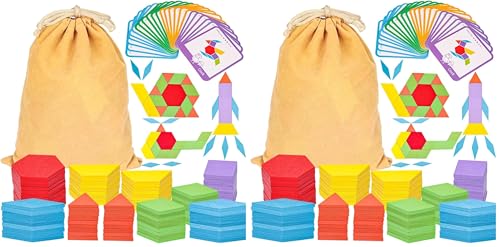 LovesTown 209 PCS Shapes Wooden Pattern Blocks for Kids, Geometric with Activity Cards and Storage Bag, Educational Tangram Puzzles,Great Learning Gift from Parents or Teachers (Pack of 2) - size: 230 (Pack of 2)