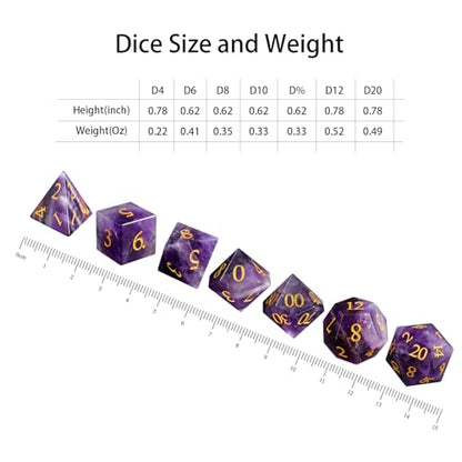 Natural Amethyst 7Pcs Polyhedral Dice Set, Natural Gemstone Multi-Faceted DND Dice for Dungeons and Dragons RPG Tabletop Game (Amethyst-Gold) - color: Amethyst-gold