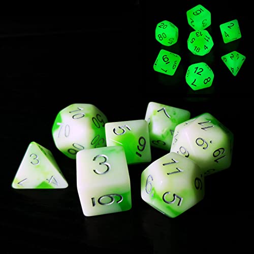 Bescon Glowing Polyhedral RPG Dice Set Luminous Jade, Bescon Glow in Dark Poly Dice Set of 7, DND Role Playing Game Dice - color: Luminous Jade
