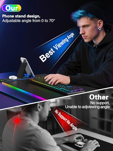 Mouse Pad with Foldable Phone Holder & Wireless Charger, XXL RGB Gaming Mousepad 31.5"x15.8" Large Desk Mat for Keyboard, Black Desk Pad with Dual Qi Charging Station | 11 Colors 5 Modes | Waterproof - color: 31.5x15.75"Phone Stand-Black Right Upgraded
