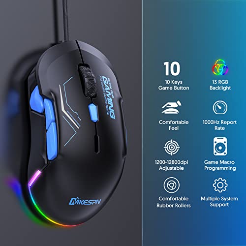 High-Performance Wired Gaming Mouse with Dynamic RGB Lighting, 12800 DPI Adjustable, Multi-Functional Mouse with 10 Customizable Macro Buttons (Black-Red) - color: Black-Red