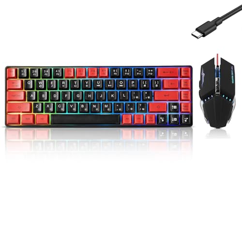 Guiheng Wired 60% Gaming Keyboard and Mouse Combo, Ultra-Compact 61 Keys RGB Backlit Mini Keyboard, Lightweight 3200 DPI Optical, Wired Gaming Set for Windows,PC, MAC PS5 Xbox Gamer(Black and Red) - color: Black and Red combo