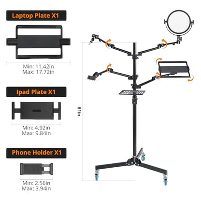 GVM 5-in-1 Movable Live Streaming Floor Stand Kit with Wheels, Overhead Camera Mount with 10" LED Key Light/Mic Boom Arm/Tablet Laptop Phone Stand/Tray for Live Broadcast Podcast Video Recording Game