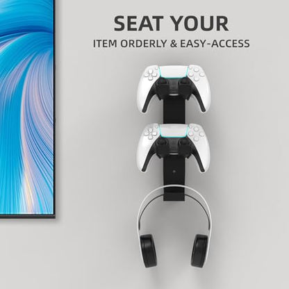 ZYTHRONE Dual Controller Holder Wall Mount, Metal Headset Stand for PS5, PS4, with Stable 3M Adhesive, Strong Adhesive by Screws, Black