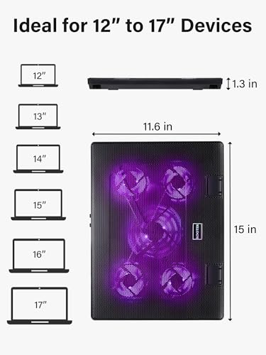 Kootek Laptop Cooling Pad Cooler Stand with 5 Quiet Fans for 12"-17" Laptop | 5 Fans, USB Powered, Laptop Cooling Stand with 2 USB Hub, 6 Adjustable Height, 360° Cooling Coverage, Anti-Slip, Purple LED - color: Purple
