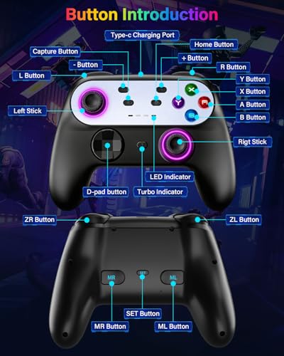 Switch Controller Compatible with Nintendo Switch/Switch Lite/OLED/PC | Programmable Wireless Switch Controller with 10 LED Light, 6-Axis Motion, Turbo, Vibration, One-Key Wake Up & Pairing - color: black and white