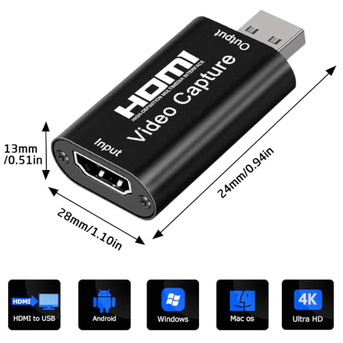 4K Video Capture Card, Cam Link Card Game Capture Card Audio Capture Adapter HDMI to USB 2.0 Record Capture Device for Streaming, Live Broadcasting, Video Conference, Teaching, Gaming(Black)